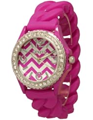 Womens Geneva Rhinestone-accented Braided Silicone Stretch Watch Chevron Design - Hot Pink