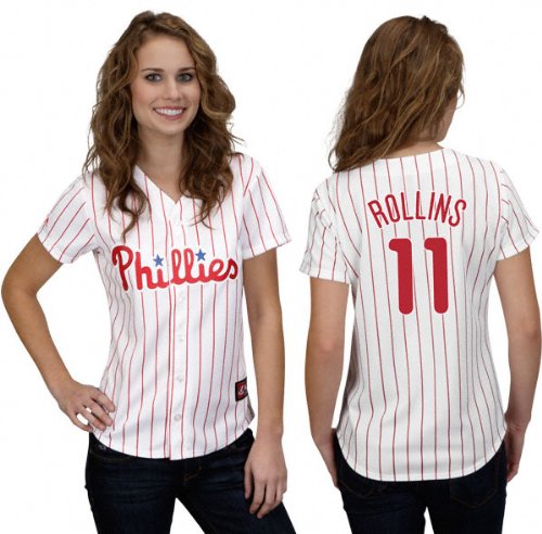 MLB Women's Philadelphia Phillies Jimmy Rollins White/Scarlet Pinstrp Short Sleeve 5 Button Synthetic Replica Baseball Jersey Spring 2012  (White/Scarlet Pinstrp, Medium)