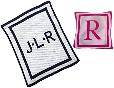 Butterscotch Blankees Customized Classic Monogram Double Border 15 Inch by 15 Inch Pillow and Initial/Double Border Stroller Blanket