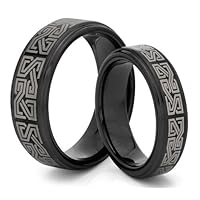 His and Her's 8MM/6MM Tungsten Carbide Black Celtic Greek Wedding Band Ring Set (Available Sizes 4-14 Including Half Sizes)