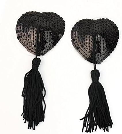 Lotte Shopping Sexy Black Lingerie Sequin Heart Tassel Breast Bra Nipple Sticker Cover Pasties(1 Pair)