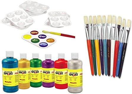 Premium Art Set Paint Plastic Palettes - 12 Pieces, Paint Brushes Assorted Colors, 10/Set,Tempera Paint 6 Bottle