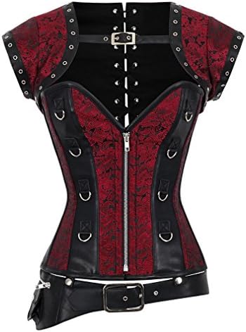 Fully Spiral Steel Boned Brocade Steampunk Corset with Jacket &amp; Pouch-20