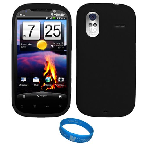 Black Rubberized Soft Silicone Protective Skin Cover for T-Mobile HTC Amaze 4G Android 4.3-inch qHD Smartphone / HTC Ruby + Motivational SumacLife TM Wisdom Courage Workout Wristband