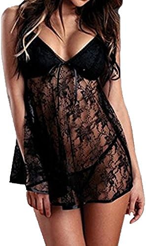 C2U Women Tempting Nightwear Sexy Babydoll Lingerie Lace Strappy Mini Dress,Black M