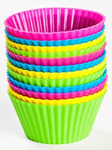 Ezeebake Silicone Baking Cups-12pc Bakeware Set with Mini Recipe-these Nonstick Cupcake Liners Come in Six Hot Colors and Circular Shapes.