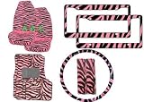 11-Piece Animal Print Automotive Interior Gift Set - 2 Universal-Fit Zebra Pink and Black Front Bucket Seat Covers, 2 Zebra Pink and Black Plastic License Plate Frame, 1 Zebra Pink and Black Steering Wheel Cover, 2 Zebra Pink and Black Shoulder Belt Pads and 4 Universal-Fit Zebra Pink and Black Carpet Floor Mats for Cars / Truck