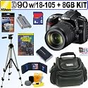 Nikon D90 DX 12.3MP Digital SLR Camera with 18-105mm f/3.5-5.6G ED AF-S VR DX Nikkor Zoom Lens + 8GB Deluxe Accessory Kit