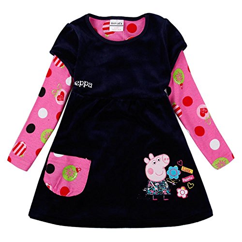 Coralup Little Girls Skirt Autumn Long Sleeve Dress(Navy,5-6 Years)