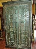 RARE ANTIQUE INDIA DOORS HUGE ARMOIRE RUSTIC TV CABINET GREEN PATIN