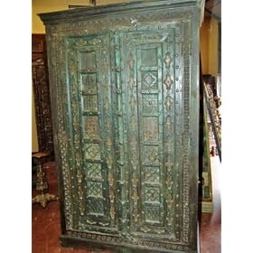 RARE ANTIQUE INDIA DOORS HUGE ARMOIRE RUSTIC TV CABINET GREEN PATIN by Mogul Interior