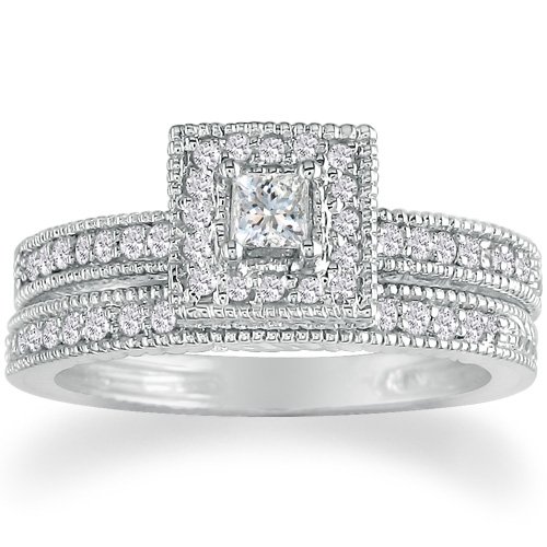 1/2ct Princess Diamond Bridal Set in 14k White Gold (GH I1) Ring sizes 5-9