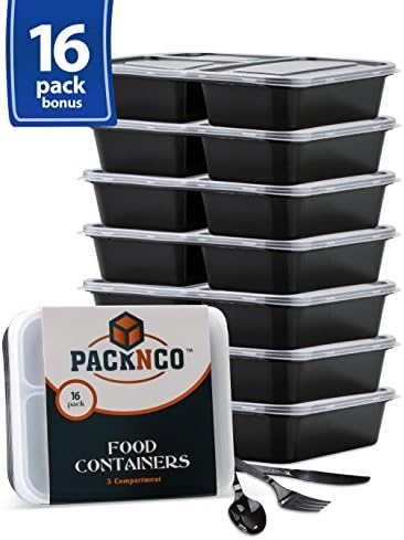 Packnco BPA Free Microwave and Dishwasher Safe 3-Compartment Lunch Box with Lid and Cutlery Set, 36 oz, Pack of 16