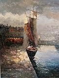 IMAGE OF Professionally Hand-painted Original Oil on Canvas Painting Art of Boat Docked At the Marina Bay -- 48