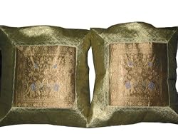 2 Elephant Motif Brocade Silk Sari Toss Cushion Covers Silver Gold 16X16