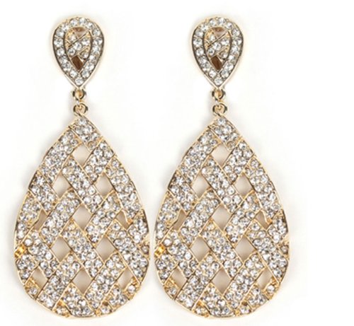 Goldtone with Clear Iced Out Basket Weaved Teardrop Shaped 3.25 Inch Dangle Clip on Earrings