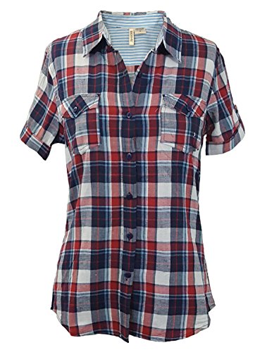 Women's Short Sleeve 100% Cotton Plaid Button Down Shirt