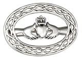 Sterling Silver Oval Irish Claddagh Pin with Celtic Knot Border.