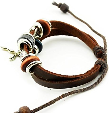 Goloy Metal Cross Pendant 2-Stone and Multi-Loop Wooden Beads Adjustable Length Bracelet
