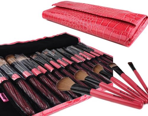 Bundle Monster 15pc Studio Pro Makeup Make Up Cosmetic Brush Set Kit w/ Pink Faux Crocodile Case - For Eye Shadow, Blush, Eyeliner, Etc.