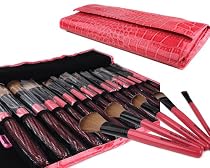 Bundle Monster 15pc Studio Pro Makeup Make Up Cosmetic Brush Set Kit w/ Pink Faux Crocodile Case - For Eye Shadow, Blush, Eyeliner, Etc.