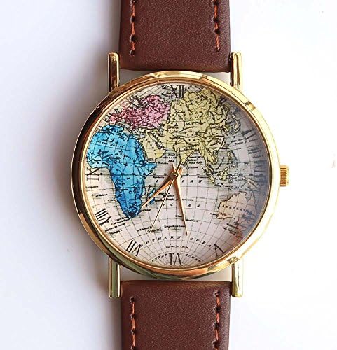 Colorful Old World Map Wrist Watch With Genuine Brown Leather Strap