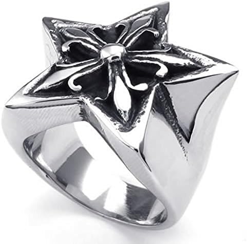 WVICTOR Jewelry Mens Stainless Steel Ring, Vintage Pentagram Flower, Black Silver