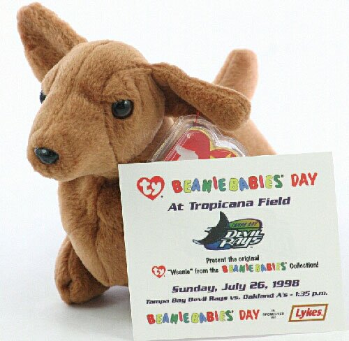 Sports Commemorative Card, Beanie Baby, Ticket Stub - Weenie the Dachshund Dog - Game Day 07/26/1998, Tampa Bay Devil Rays vs Oakland A's - Baseball