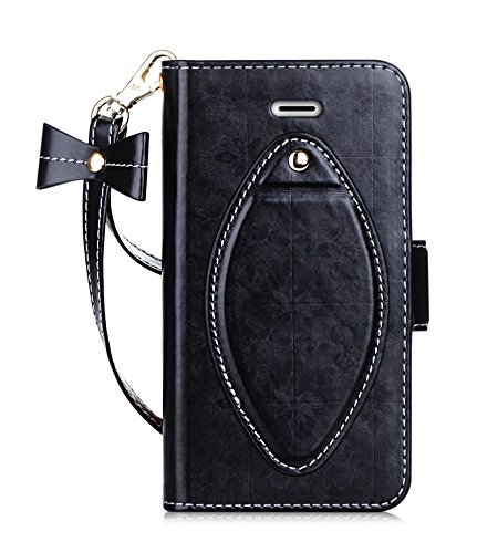 iPhone 7 Plus Case, Apple iPhone 7 Plus Case, FYY [Makeup Case] Premium PU Leather Wallet Case with Cosmetic Mirror, Card Slots and Wrist Strap for iPhone 7 Plus Black