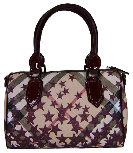 Burberry Chester Star Noval Check Print Satchel Bag Purse Tote Berry Red