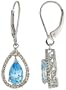 10k White Gold 9/16 in. (14mm) tall Lever Back Dangle Earrings, w/ 0.20 Carat Brilliant Cut Diamonds & 2.40 Carats Pear Cut 8x5mm Blue Topaz Stones