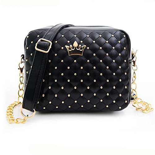 Women Messenger Bags Rivet Chain Shoulder Bag Leather Crossbody (Black )