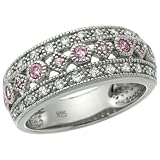 Sterling Silver Vintage Style Ring Band w/ Brilliant Cut Clear & Pink Sapphire Color CZ Stones, 5/16 in. (8mm) wide, size 9