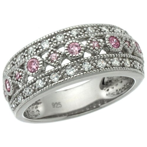 Sterling Silver Vintage Style Ring Band w/ Brilliant Cut Clear & Pink Sapphire Color CZ Stones, 5/16 in. (8mm) wide, size 7