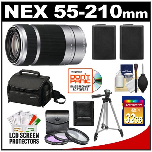 Sony Alpha NEX E-Mount 55-210mm f/4.5-6.3 OSS Zoom Lens with Sony Case + 32GB Card + (2) NP-FW50 Batteries + 3 UV/FLD/PL Filters + Tripod + Accessory Kit for NEX-3, NEX-C3, NEX-5, NEX-5N & NEX-7 Digital Cameras