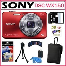 Sony Cyber-shot DSC-WX150 18.2 MP Digital Camera with 10x Optical Zoom and 3-inch LCD in Red + Sony 8GB SDHC + Sony Sporty Carrying Case + Accessory Kit