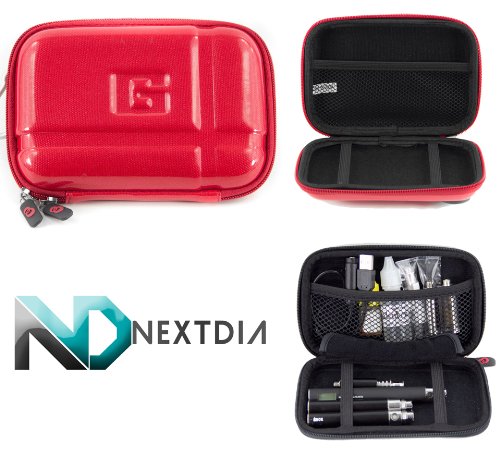 Electronic Cigarette Case Semi-Hard Exterior ( Crimson Red ) for The Vented Telescope Adjustable Tube Mod, Gun Metal + Carabiner Hook for your keys & NextDia ™ Velcro Cable Strap