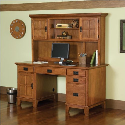 Home Style 5180-184 Arts and Crafts Double Pedestal Desk and Hutch, Cottage Oak Finish