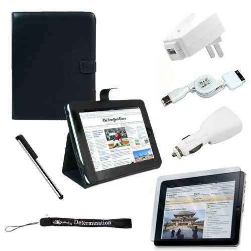 Proffesional Office Portfolio with Horizontal stand, Melrose Leather Horizontal Flip iPad Case for the Apple iPad Wifi / 3G Model 16GB, 32GB, 64GB with Extra Pocket for Miscellaneous Accessories + Includes a eBigValue (TM) Determination Hand Strap Key Chain + Includes a Full Durable iPad Anti-Glare Screen Protector + Includes a 3 in 1 Travel Charge Kit, Home Wall USB Charger, Car USB Charger, 2 in 1 USB retractable Sync and Charge Cable + Includes a Silver Graphic Designer Stylus Pen