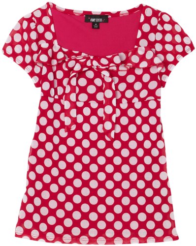 Amy Byer Girl's 7-16 Print Mesh Cap Sleeve Emma Top With Tie, Hot Pink, Large