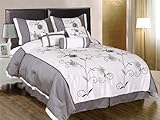 7 Pieces White with Grey and Green Embroidered Lily Comforter Set Bed-in-a- ....