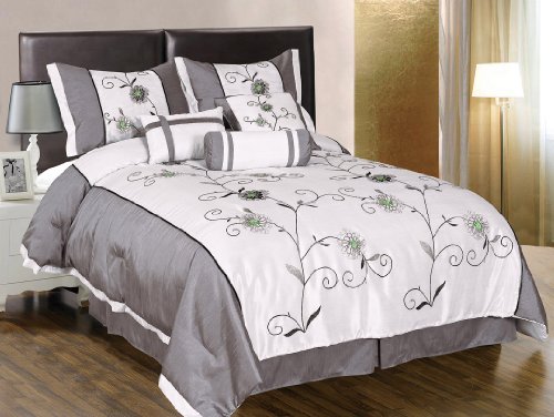 7 Pieces White with Grey and Green Embroidered Lily Comforter Set Bed-in-a-bag Queen Size Bedding