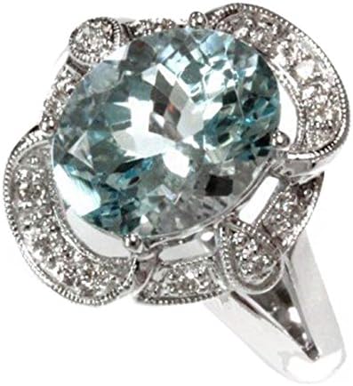 3.4 cttw 14k White Gold Oval Cut Natural Blue Aquamarine Brilliant Diamond Milgrain Ring (Sizes 4-11)