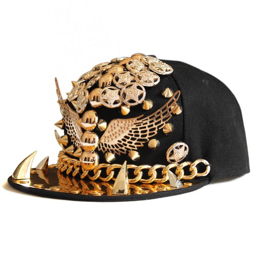 LOCOMO Black Gold Eagle Wing Hedgehog Rivet Chain Star Snapback Cap FFH124