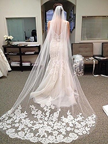 PHSOAR New Elegant 1T White Ivory Lace Edge Cathedral Length Wedding Bridal Veil+Comb White