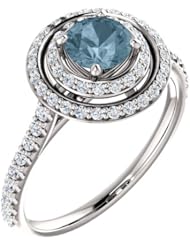 18K White Gold Round Cut Blue and White Diamond Double-Halo Ring -- LIFETIME WARRANTY