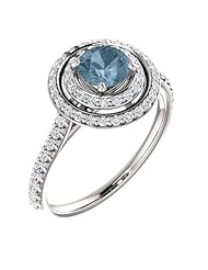 14K White Gold Round Cut Blue and White Diamond Double-Halo Ring -- LIFETIME WARRANTY