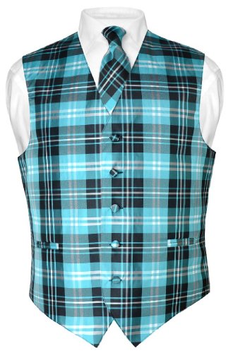 Men's Plaid Design Dress Vest & NeckTie Black Turquoise White Neck Tie Set