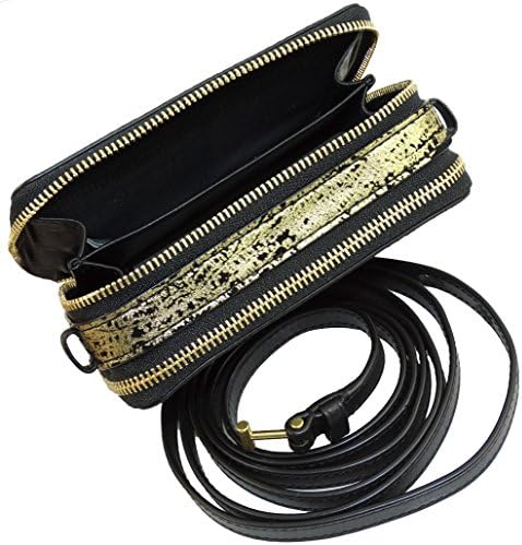 Reed Krakoff Double Zip Crossbody Tech Cell Phone Case Purse Shoulder Bag (Black Gold Tejus Suede)