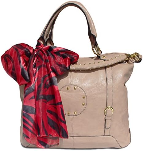 Peach Couture CARA Oversized Metal Circle Design Tote Satchel Handbag Tied Scarf (Beige)